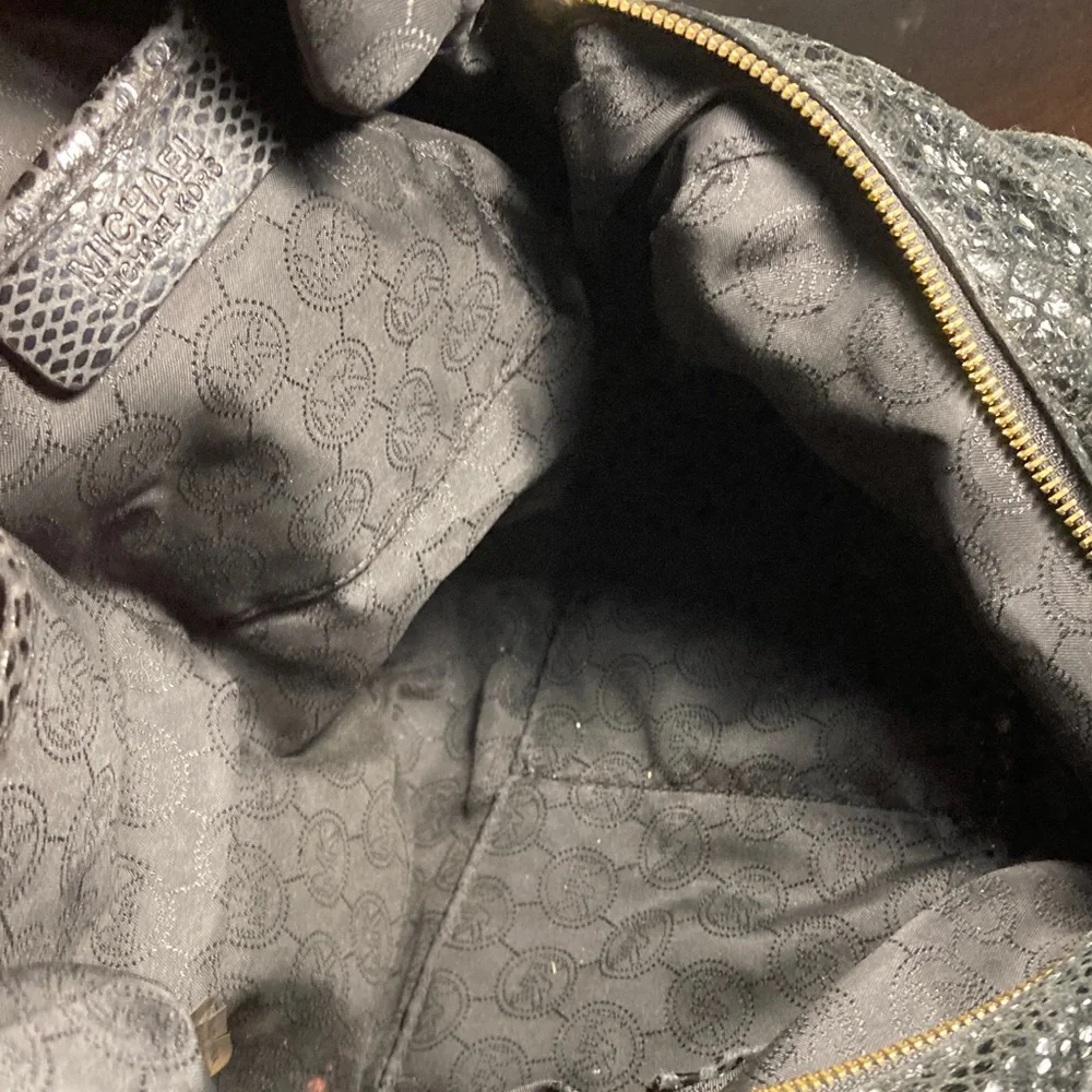 Michael Kors Black Fulton Snake-Embossed Hobo Bag with Gold Hardware